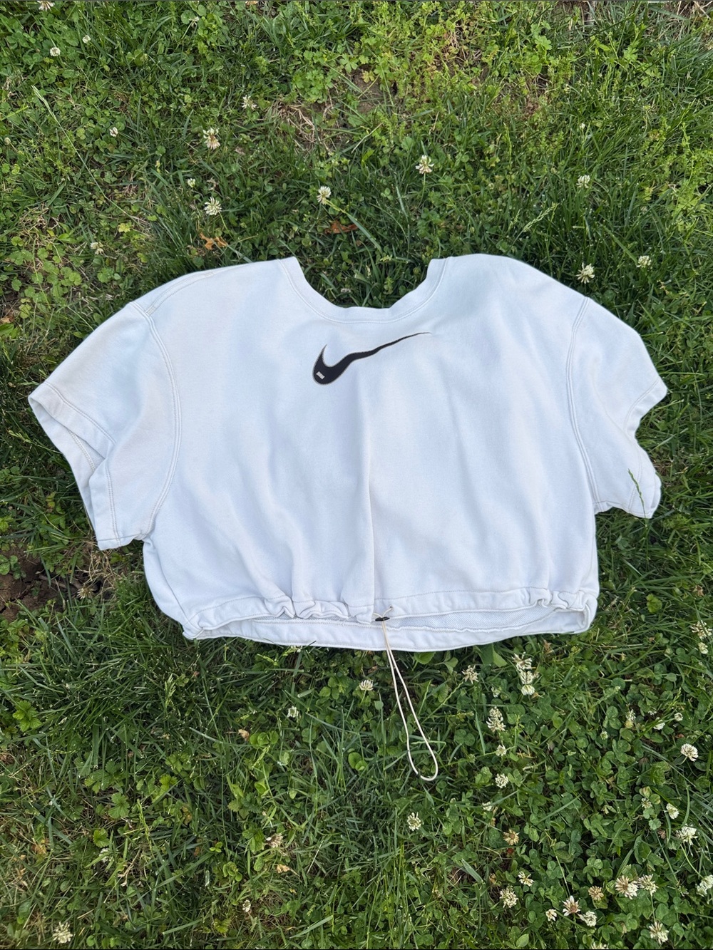 Nike White Cropped Swoosh Tee with Black Logo